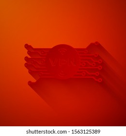 Paper cut VPN in circle with microchip circuit icon isolated on red background. Paper art style. Vector Illustration