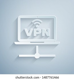 Paper cut VPN Computer network icon isolated on grey background. Laptop network. Internet connection. Paper art style. Vector Illustration