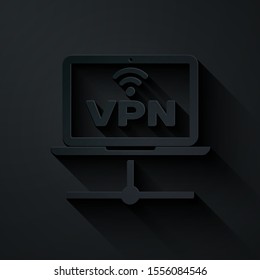 Paper cut VPN Computer network icon isolated on black background. Laptop network. Internet connection. Paper art style. Vector Illustration