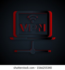 Paper cut VPN Computer network icon isolated on black background. Laptop network. Internet connection. Paper art style. Vector Illustration