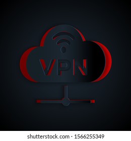 Paper cut VPN Network cloud connection icon isolated on black background. Social technology. Cloud computing concept. Paper art style. Vector Illustration