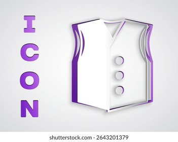 Paper cut Waistcoat icon isolated on grey background. Classic vest. Formal wear for men. Paper art style. Vector