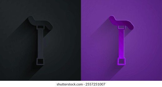 Paper cut Walking stick cane icon isolated on black on purple background. Paper art style. Vector