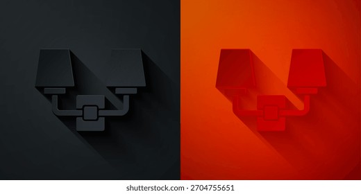 Paper cut Wall lamp or sconce icon isolated on black and red background. Wall lamp light. Paper art style. Vector