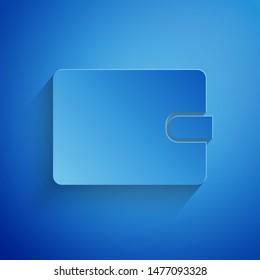 Paper cut Wallet icon isolated on blue background. Purse icon. Cash savings symbol.  Paper art style. Vector Illustration