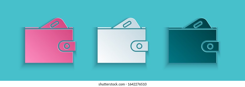 Paper cut Wallet with stacks paper money cash icon isolated on blue background. Purse icon. Cash savings symbol. Paper art style. Vector Illustration