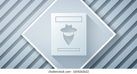 Paper cut Wanted western poster icon isolated on grey background. Reward money. Dead or alive crime outlaw. Paper art style. Vector Illustration