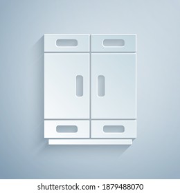 Icono de armario de corte de papel aislado en fondo gris. Estilo de arte de papel. Vector.