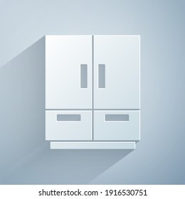 Paper cut Wardrobe icon isolated on grey background. Paper art style. Vector