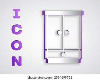 Paper cut Wardrobe icon isolated on grey background. Cupboard sign. Paper art style. Vector