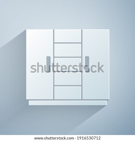 Paper cut Wardrobe icon isolated on grey background. Paper art style. Vector
