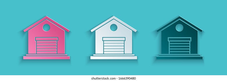 Icono de almacén de corte de papel aislado en fondo azul. Estilo de arte de papel. Ilustración vectorial