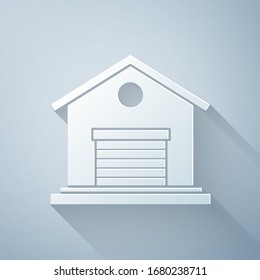 Paper cut Warehouse icon isolated on grey background. Paper art style. Vector Illustration