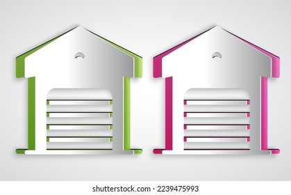 Icono de almacén de corte de papel aislado en fondo gris. Estilo de arte de papel. Vector