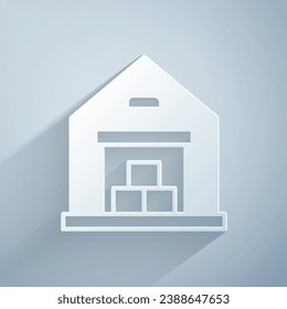 Paper cut Warehouse icon isolated on grey background. Paper art style. Vector