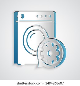 Paper cut Washer and gear icon isolated on grey background. Adjusting app, service concept, setting options, maintenance, repair, fixing. Paper art style. Vector Illustration