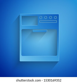 Paper cut Washer icon isolated on blue background. Washing machine icon. Clothes washer - laundry machine. Home appliance symbol. Paper art style. Vector Illustration