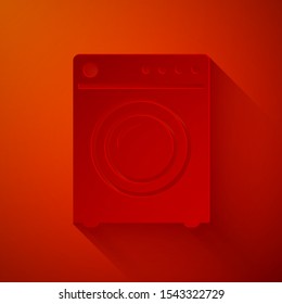 Paper cut Washer icon isolated on red background. Washing machine icon. Clothes washer - laundry machine. Home appliance symbol. Paper art style. Vector Illustration