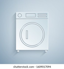 Paper cut Washer icon isolated on grey background. Washing machine icon. Clothes washer - laundry machine. Home appliance symbol. Paper art style. Vector Illustration