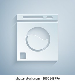 Paper cut Washer icon isolated on grey background. Washing machine icon. Clothes washer - laundry machine. Home appliance symbol. Paper art style. Vector.