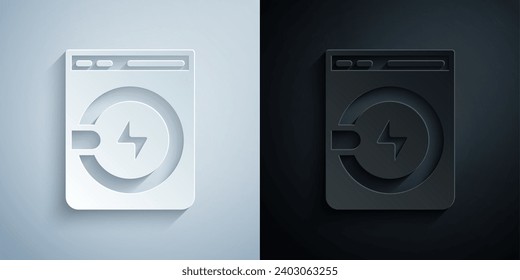 Icono del lavaparabrisas de corte de papel aislado en fondo gris y negro. Icono de lavadora. Lavadora de ropa - lavadora. Símbolo del dispositivo residencial. Estilo de arte de papel. Vector