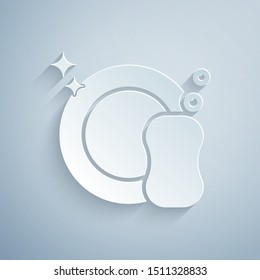Paper cut Washing dishes icon isolated on grey background. Plate and sponge. Cleaning dishes icon. Dishwasher sign. Clean tableware sign. Paper art style. Vector Illustration