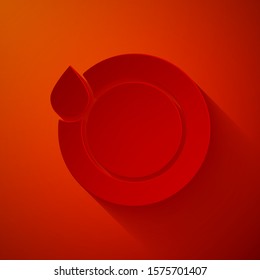 Paper cut Washing dishes icon isolated on red background. Plate and sponge. Cleaning dishes icon. Dishwasher sign. Clean tableware sign. Paper art style. Vector Illustration