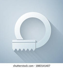 Paper cut Washing dishes icon isolated on grey background. Cleaning dishes icon. Dishwasher sign. Clean tableware sign. Paper art style. Vector