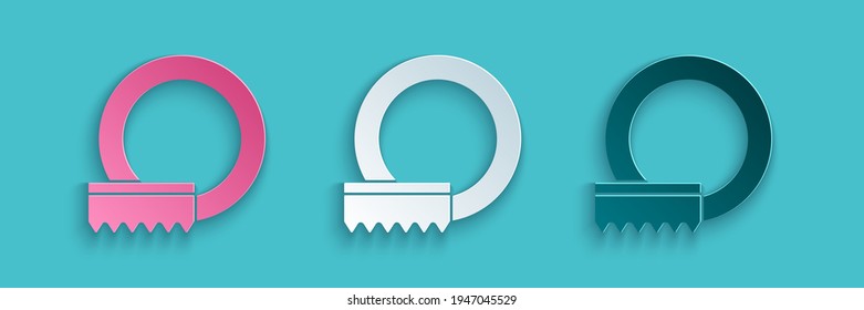 Paper cut Washing dishes icon isolated on blue background. Cleaning dishes icon. Dishwasher sign. Clean tableware sign. Paper art style. Vector