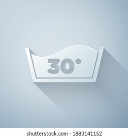 Paper cut Washing under 30 degrees celsius icon isolated on grey background. Temperature wash. Paper art style. Vector