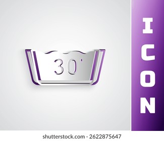 Paper cut Washing under 30 degrees celsius icon isolated on grey background. Temperature wash. Paper art style. Vector