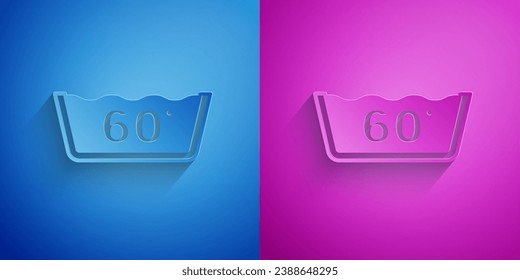Paper cut Washing under 60 degrees celsius icon isolated on blue and purple background. Temperature wash. Paper art style. Vector
