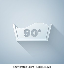 Paper cut Washing under 90 degrees celsius icon isolated on grey background. Temperature wash. Paper art style. Vector