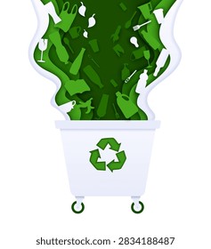 Paper cut waste bin, garbage trash can, plastic recycle. Plastic pollution, waste managing, trash collecting and recycle paper cut vector concept with disposal materials falling in bin or container