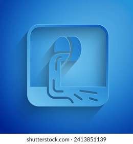 Paper cut Wastewater icon isolated on blue background. Sewer pipe. From the pipe flowing liquid into the river. Paper art style. Vector
