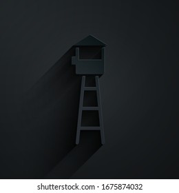 Paper cut Watch tower icon isolated on black background. Prison tower, checkpoint, protection territory, state border, military base. Paper art style. Vector Illustration