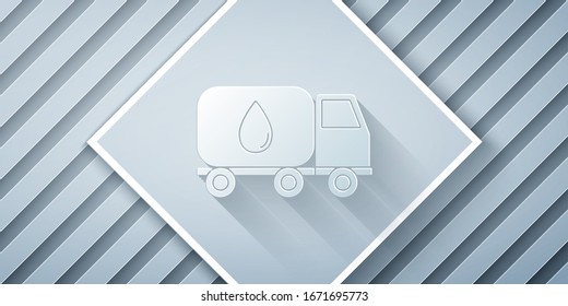 Paper cut Water delivery truck icon isolated on grey background. Paper art style. Vector Illustration