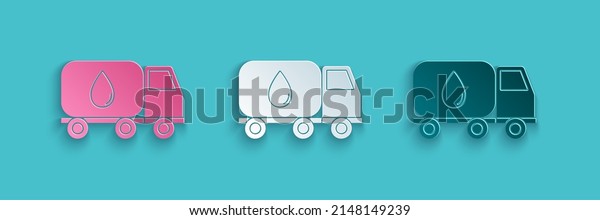 Paper cut Water delivery\
truck icon isolated on blue background. Paper art style. Vector\
Illustration