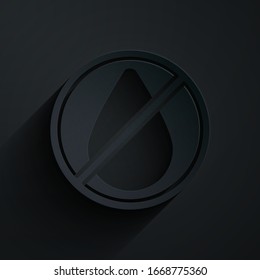 Paper cut Water drop forbidden icon isolated on black background. No water sign. Paper art style. Vector Illustration