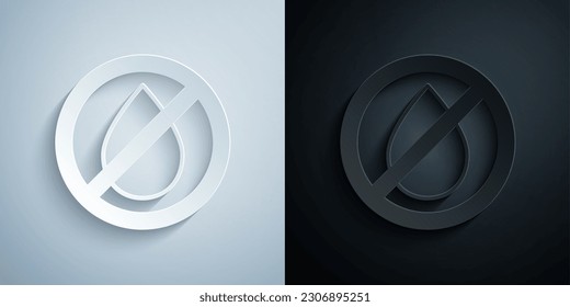 Paper cut Water drop forbidden icon isolated on grey and black background. No water sign. Paper art style. Vector