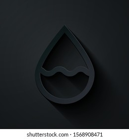 Paper cut Water drop icon isolated on black background. Paper art style. Vector Illustration