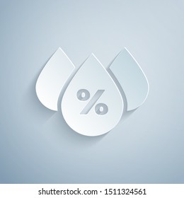 Paper cut Water drop percentage icon isolated on grey background. Humidity analysis. Paper art style. Vector Illustration