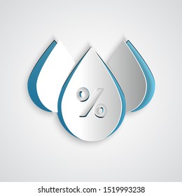 Paper cut Water drop percentage icon isolated on grey background. Humidity analysis. Paper art style. Vector Illustration