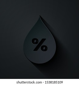 Paper cut Water drop percentage icon isolated on black background. Humidity analysis. Paper art style. Vector Illustration