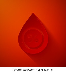 Paper cut Water drop percentage icon isolated on red background. Humidity analysis. Paper art style. Vector Illustration