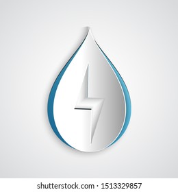 Paper cut Water energy icon isolated on grey background. Ecology concept with water droplet. Alternative energy concept. Paper art style. Vector Illustration