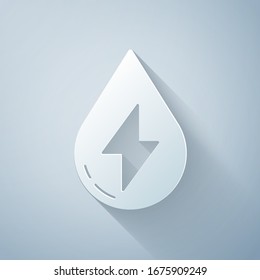 Paper cut Water energy icon isolated on grey background. Ecology concept with water droplet. Alternative energy concept. Paper art style. Vector Illustration