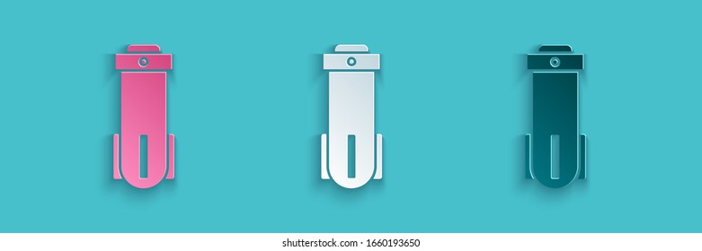 Paper cut Water filter icon isolated on blue background. System for filtration of water. Reverse osmosis system. Paper art style. Vector Illustration