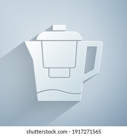 Paper cut Water jug with a filter icon isolated on grey background. Paper art style. Vector