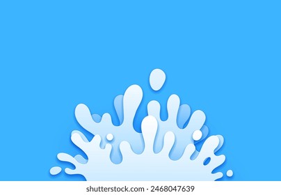 Agua cortada con papel o salpicaduras de leche. Vector 3d blanco o rizo de yogur sobre fondo azul en un estilo de corte de papel, simbolizando la creatividad y fluidez. Bebida natural, bebida, postre líquido salpicadura